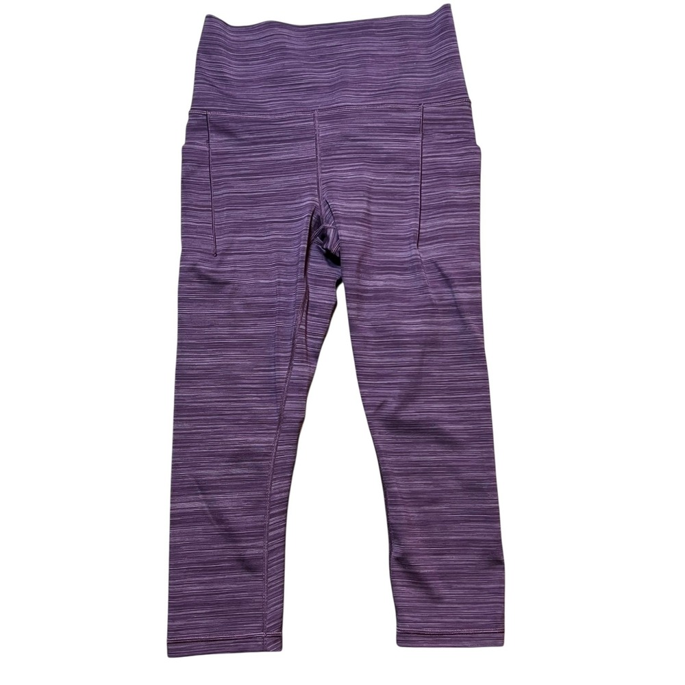 Athleta Salutation II Capri Leggings Purple Stripe Pockets Athleisure Size Small